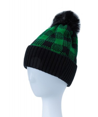 Cozy Checker Beanie W/ Pompom HA320110 GREEN